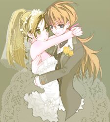  bad_id bad_pixiv_id colored_eyelashes doily dress flower formal houjou_hibiki hug long_hair minamino_kanade multiple_girls ponytail precure rose simple_background suit suite_precure vader_(n.r.t.a.) veil wedding wedding_dress white_dress yellow_flower yellow_rose 