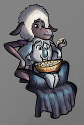  anthro blue_eyes bovid buster_moon caprine clothed clothing domestic_sheep domestical duo eddie_noodleman female fluffy food grey_background illumination_entertainment koala male mammal marsupial nasty_trashcan on_lap popcorn sheep simple_background sing_(movie) sitting sitting_on_lap vombatiform 