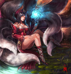  ahri animal_ears black_hair facial_mark female female fox_ears fox_tail foxfire gold_eyes kitsunemimi kyuubi league_of_legends lingerie long_hair magic manusia-no-31 multiple_tails nail_polish ninetails_youkai panties sitting solo tail underwear whiskers yellow_eyes 