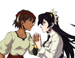  2girls ajna_(indivisible) beads black_hair brown_eyes brown_hair dark_skin female filia_(skullgirls) ganno hair_ornament hand_holding indivisible long_hair looking_at_another multiple_girls necktie red_eyes samson_(skullgirls) short_hair simple_background skullgirls tagme white_background 