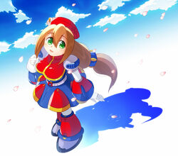  android belt beret breasts brown_hair capcom cherry_blossoms cloud commentary_request dress female from_above gloves green_eyes hair_between_eyes hat iris_(mega_man) large_breasts long_hair looking_up low-tied_long_hair mega_man_(series) mega_man_x4 mega_man_x_(series) open_mouth sakuraba_(cerisier_x) shadow sidelocks sky smile solo white_gloves 