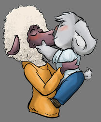  anthro blush bodily_fluids bovid buster_moon caprine closed_eyes clothed clothing domestic_sheep duo eddie_noodleman eyebrows grey_background holding_character illumination_entertainment kissing koala male male/male mammal marsupial nasty_trashcan sheep simple_background sing_(movie) size_difference sweat vombatiform 