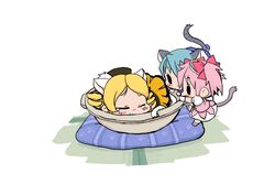  3girls animal_ears baku_taso blonde_hair blue_hair blush bow bowl cat_ears cat_tail chibi climbing commentary_request drill_hair hairbow hat kaname_madoka kaname_madoka_(magical_girl) kemonomimi_mode magical_girl mahou_shoujo_madoka_magica mahou_shoujo_madoka_magica_(anime) miki_sayaka miki_sayaka_(magical_girl) multiple_girls neko_nabe pink_hair short_twintails tail tears tomoe_mami tomoe_mami_(magical_girl) towel twin_drills twintails 