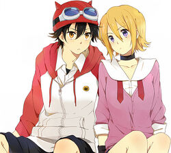  1boy beanie black_hair blonde_hair cardigan choker commentary_request couple female fujisaki_yuusuke goggles goggles_on_head hat hood hoodie horns jacket karuha knees looking_at_viewer onizuka_hime purple_eyes short_hair simple_background sitting sket_dance straight white_background yellow_eyes zipper 