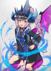  blue_fire blue_horns blush cloak commentary crown_hat cyg38801 demon_girl demon_horns demon_tail demon_wings elsword fire highres horns long_hair luciela_r._sourcream oerba_yun_fang pointy_ears star-shaped_pupils star_(symbol) symbol-only_commentary symbol-shaped_pupils tail timoria_(elsword) wings 