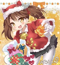  bad_id bad_twitter_id brown_eyes brown_hair female gift gloves kantai_collection kokorominton long_hair pantyhose ryuujou_(kancolle) sack santa_costume smile twintails 