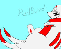  2_tails arctic buizel digital_media_(artwork) feral fur generation_4_pokemon hindpaw male mammal multi_tail mustelid nintendo otter pawpads paws pokemon pokemon_(species) red_body red_fur redbuizel relaxing semi-anthro signature simple_background smile solo tail vydra&quot;red&quot;merlock white_body white_fur 