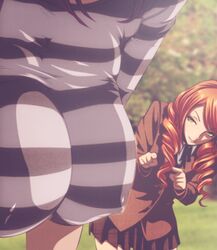  2girls breasts drill_hair erect_nipples green_eyes kurihara_mari_(prison_school) multiple_girls no_bra orange_hair outdoors prison_clothes prison_school skirt takenomiya_kate twin_drills 