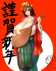  breasts brown_eyes brown_hair cleavage copyright_request female female gigantic_breasts happy long_hair mafen music_instrument object solo translation_request 