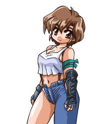  armlet asymmetrical_clothes bad_id bad_pixiv_id black_gloves breasts brown_eyes brown_hair crop_top daichi_yuuko denim female fingerless_gloves gauntlets gloves guardian_recall jeans medium_breasts midriff navel okuri_ookami pants ribbon short_hair single_pantsleg smile solo tomboy very_short_hair 