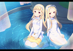  2girls :d amemiya_ruki blonde_hair braid bridal_gauntlets commentary_request dress forehead hair_ribbon hairband headdress highres leilia_(sayoasa) long_hair looking_at_viewer maquia_(sayoasa) multiple_girls open_mouth partial_commentary photoshop_(medium) red_eyes ribbon ribbon_braid sayonara_no_asa_ni_yakusoku_no_hana_wo_kazarou side_braid sitting smile twin_braids very_long_hair water white_dress 