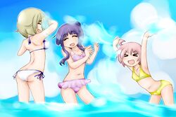  &gt;_&lt; 3girls beach bikini closed_eyes cloud collarbone hinata_yukari ichii_yui laughing ma.ru multiple_girls navel nonohara_yuzuko ocean outdoors partially_submerged pink_hair playing purple_bikini purple_hair purple_swimsuit side-tie_bikini sky smile splashing swimsuit water white_bikini white_swimsuit xd yellow_bikini yellow_swimsuit yuyushiki 