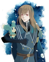  1boy belt brown_hair coat commentary_request creature flower glasses gloves jade_curtiss long_hair male_focus mieu_(tales) mikimaro red_eyes smile tales_of_(series) tales_of_the_abyss 