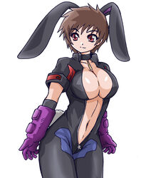  animal_ears bad_id bad_pixiv_id bodysuit breasts brown_hair center_opening choker cleavage female getsumento_heiki_miina gloves large_breasts navel okuri_ookami ootsuki_mina open_clothes rabbit_ears red_eyes short_hair smile solo unzipped very_short_hair 