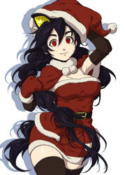  alternate_costume alternate_hairstyle bad_id bad_pixiv_id belt black_hair black_thighhighs braid breasts capelet christmas cleavage contrapposto cowboy_shot detached_sleeves dress female filia_(skullgirls) ganno gloves hair_between_eyes hat highres lips long_hair looking_at_viewer medium_breasts mittens photoshop_(medium) red_dress red_eyes red_gloves red_mittens samson_(skullgirls) santa_costume santa_hat short_dress skullgirls smile solo_focus standing strapless strapless_dress thick_eyebrows thighhighs twin_braids very_long_hair white_background zettai_ryouiki 