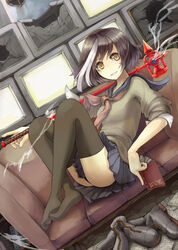  black_hair black_thighhighs book boots broken commentary_request dutch_angle feet female hiiragi_shou monitor multicolored_hair multiple_monitors open_mouth original over_shoulder reclining school_uniform short_hair sitting skinny skirt sleeves_pushed_up smile smoke solo staff sweater thighhighs two-tone_hair upskirt weapon weapon_over_shoulder white_hair yellow_eyes 