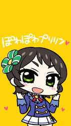  :d aikatsu! aikatsu!_(series) black_hair blush_stickers chan_co chibi commentary_request cowboy_shot female green_eyes hair_ornament kamiya_shion looking_at_viewer open_mouth short_hair smile solo translation_request yellow_background 