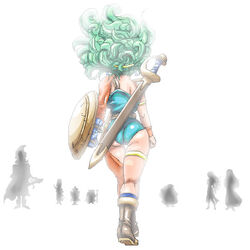  alena alena_(dq4) ass brey chunsoft clift dragon_quest dragon_quest_iv enix from_behind green_hair heroine_(dq4) long_hair manya minea ryan_(dq4) shield sword toreneko weapon 