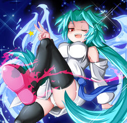  bare_shoulders blue_hair commentary_request detached_sleeves dress duel_monster effect_veiler female furumeta green_hair highres long_hair panties red_eyes skirt solo star_(symbol) thighhighs twintails underwear wings yu-gi-oh! yu-gi-oh!_5d&#039;s 