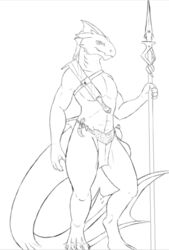  bottomwear claws clothing digital_media_(artwork) dragon fin fo&#039;storo frostedscales line_art loincloth male melee_weapon monochrome muscular muscular_male mythological_creature mythological_scalie mythology polearm river_drake scalie solo spear tail thesecretcave thick_tail tribal weapon 