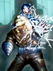  1boy 2girls arm_mounted_weapon big_sister bioshock_(series) bioshock_2 bodysuit bow brown_hair commentary_request diving_helmet diving_suit dress drill drill_hand electricity electrokinesis glowing glowing_eyes hairbow helmet highres little_sister_(bioshock) multiple_girls no_pupils open_mouth photoshop_(medium) pointing pointing_at_viewer ponytail subject_delta yellow_eyes yoekosukii 