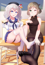  2girls aqua_eyes blonde_hair chinese_clothes classroom desk feet green_eyes hat kantai_collection kashima_(kantai_collection) katori_(kantai_collection) long_gloves looking_at_viewer multiple_girls pantyhose pantyshot pov pov_feet silver_hair sitting smile twintails whip white_gloves white_legwear wink 