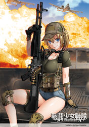  a-10_thunderbolt_ii arm_support artist_name baseball_cap blonde_hair blue_eyes breasts brown_gloves camouflage cleavage combat_girls_regiment commentary_request cutoffs denim denim_shorts ear_protection explosion female fire foregrip gloves grey_shorts gun hat headset henshako knee_pads korean_commentary large_breasts looking_at_viewer m60 military parted_lips photoshop_(medium) ponytail shiny_skin shirt short_sleeves shorts sitting smile solo t-shirt thigh_strap throat_microphone weapon 