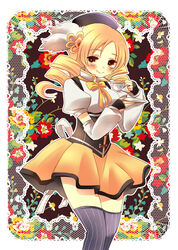  beret blonde_hair blush boots breasts commentary_request corset cup detached_sleeves drill_hair female fingerless_gloves gloves hair_ornament hat hoshino_(nia_hoshino) magical_girl mahou_shoujo_madoka_magica mahou_shoujo_madoka_magica_(anime) medium_breasts photoshop_(medium) pleated_skirt puffy_sleeves skirt smile solo striped_clothes striped_thighhighs tea teacup thighhighs tomoe_mami tomoe_mami_(magical_girl) twin_drills twintails vertical-striped_clothes vertical-striped_thighhighs yellow_eyes zettai_ryouiki 