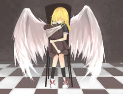  angel_wings black_footwear blonde_hair chair checkered checkered_floor closed_eyes female ryotaruu sad sitting socks solo stuffed_animal teddy_bear tennis_shoes wings 