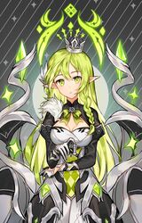  absurdres alternate_costume braid breasts chess_piece cleavage closed_mouth commentary crown cyg38801 elf elsword female gem gloves green_eyes green_hair highres holding long_hair long_sleeves pointy_ears rena_erindel ribbon symbol-only_commentary white_gloves 