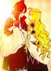  1boy black_hair blonde_hair couple double fairy_tail female hand_holding heart jewlery long_hair mavis_vermilion zeref 