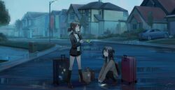  2girls bad_id bad_twitter_id black_hair brown_hair car dated grey_eyes house huanxiang_heitu jacket kneehighs lamppost long_hair long_sleeves looking_to_the_side low_ponytail morning motor_vehicle multiple_girls original outdoors pantyhose red_eyes road scenery shoes short_ponytail side_ponytail signature socks squatting standing street suitcase talking_on_phone wet_pavement 