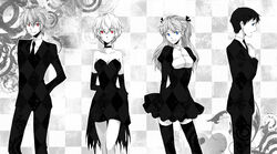  2boys 2girls ayanami_rei blue_eyes breasts choker cleavage commentary_request elbow_gloves formal gloves greyscale ikari_shinji lifegoeson medium_breasts monochrome multiple_boys multiple_girls nagisa_kaworu neon_genesis_evangelion photoshop_(medium) red_eyes souryuu_asuka_langley spot_color thighhighs 