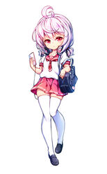  ahoge bag cellphone character_request commentary female full_moon headphones highres long_hair low_twintails moon phone pink_eyes pink_hair poseich red_skirt school_uniform serafuku shirt shoes short_twintails simple_background skirt smartphone solo thighhighs twintails unleashed white_background white_shirt white_thighhighs 