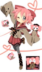  bad_id bad_pixiv_id blush bow charlotte_(madoka_magica) charlotte_(madoka_magica)_(cosplay) cosplay female full_body grey_eyes hairbow heart heart_of_string kneehighs kogami_akira lucky_star mahou_shoujo_madoka_magica mahou_shoujo_madoka_magica_(anime) multiple_persona one_eye_closed pantyhose personification pink_hair polka_dot polka_dot_legwear school_uniform serafuku short_hair sleeves_past_wrists socks solo_focus striped_clothes striped_pantyhose transparent_background vertical-striped_clothes vertical-striped_pantyhose yuiyuimoe 