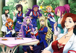  6+girls absurdres anna_clement black_hair black_legwear blonde_hair blue_eyes blue_skirt boots braid breasts brown_hair cake chloe_winkel cleavage code_geass code_geass:_boukoku_no_akito collar collarbone cup earrings ferilli_baltrow food glasses green_eyes green_hair hair_ornament highres hilda_feigan holding holding_cup index_finger_raised jewelry kate_novak lab_coat large_breasts leila_malcal long_hair multiple_girls necklace necktie olivia_lowell open_mouth outdoors ponytail purple_eyes purple_hair red_necktie sarah_deinz shimamura_hidekazu short_hair skirt sophie_randall thigh_boots thighhighs uniform 