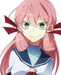  akashi_(kancolle) bad_id bad_pixiv_id female green_eyes hair_between_eyes kantai_collection long_hair pink_hair smile solo uniform white_background yarawi 