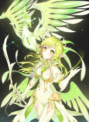  absurdres blush bow breasts cleavage commentary_request cyg38801 daybreaker_(elsword) elf elsword familiar female green_eyes green_hair hair_ornament highres holding holding_weapon long_hair pointy_ears rena_erindel smile weapon 