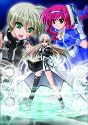  1boy 2girls amitie_florian asymmetrical_legwear bible_of_silver_cross book braid gloves gun hair_ribbon hairband higa_yukari lily-strosek long_hair lyrical_nanoha magic_circle mahou_senki_lyrical_nanoha_force mahou_shoujo_lyrical_nanoha mahou_shoujo_lyrical_nanoha_a&#039;s mahou_shoujo_lyrical_nanoha_a&#039;s_portable:_the_gears_of_destiny multiple_girls official_art open_mouth purple_hair ribbon short_hair thighhighs thoma_avenir uneven_legwear variant_zapper weapon 