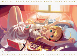  aqua_eyes armpits arms_up barefoot bed blonde_hair blush book cable computer dress female handheld_game_console headphones highres indoors jewelry kousaka_kirino laptop lipstick long_hair long_legs looking_at_viewer lying makeup nail_polish necklace on_back ore_no_imouto_ga_konna_ni_kawaii_wake_ga_nai photoshop_(medium) playstation_portable product_placement smile solo sony sundress vaio video_game vofan white_dress window 