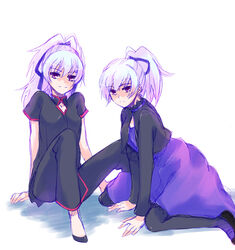  2girls bad_id bad_pixiv_id black_legwear chinese_clothes darker_than_black dress dual_persona hair_ribbon kneeling multiple_girls pantyhose ponytail purple_dress purple_eyes ribbon white_hair yin_(darker_than_black) yuzuki_kisa 