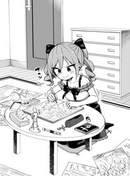  aged_down blush_stickers candy closed_eyes commentary_request crayon drawing drawing_mannequin dress drill_hair eraser female food frills greyscale hair_ribbon idolmaster idolmaster_cinderella_girls kanzaki_ranko monochrome pencil ribbon seiza sitting sword thighhighs tissue_box twintails weapon youtike 