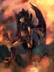  armor boots commentary_request female glowing glowing_eyes green_eyes highres horns midriff personification photoshop_(medium) roach_(starcraft) solo starcraft ukyo_rst wings zerg_(starcraft) 