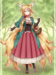  animal_ears apple aqua_eyes ban&#039;ya_(konshin) basket blonde_hair blush boots cherry commentary_request corset dress female flower food fox_ears fox_tail fruit hair_flower hair_ornament highres jewelry kitsune konshin kyuubi long_hair long_sleeves looking_at_viewer multiple_tails necklace open_mouth original pixiv_forest rose solo standing tail tree 