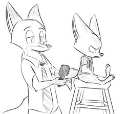  angry anthro brush canid canine clothed clothing dipstick_ears disney duo ear_markings fennec_fox finnick_(zootopia) fox furniture half-closed_eyes male mammal monochrome multicolored_ears narrowed_eyes necktie nick_wilde red_fox shirt sitting size_difference stool topwear true_fox visiti zootopia 