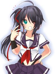  ahoge black_hair blush female female green_eyes happy kako_(kantai_collection) kantai_collection long_hair ougi_hina ribbon side_ponytail side_tail wink 