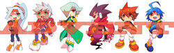  2girls 4boys aeolus06 ahoge angry ashe_(rockman) atlas bangs belt black_legwear blue_hair blush capcom chibi fingerless_gloves full_body green_eyes grey_(rockman) grey_hair hair_between_eyes hair_over_one_eye headgear high_ponytail long_hair multicolored_hair multiple_boys multiple_girls oerba_yun_fang one_leg_raised open_mouth orange_hair pants ponytail purple_hair red_eyes rockman rockman_zx_advent sakuraba_(kirsche_x) scarf shoes short_hair shorts siarnaq sidelocks simple_background spiked_hair standing text thetis white_background wink 