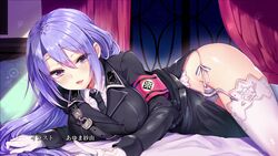  :d armband ayuma_sayu bed_sheet black_necktie dies_irae end_card female garter_belt gloves hair_between_eyes highres index_finger_raised indoors long_hair looking_at_viewer lying military military_uniform necktie on_side open_mouth panties pillow purple_eyes purple_hair riza_brenner shiny_skin shinza_bansho_series side-tie_panties smile solo thighhighs underwear uniform very_long_hair white_gloves white_panties white_thighhighs 