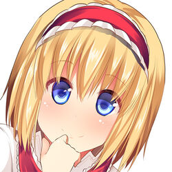  alice_margatroid bad_id bad_pixiv_id blonde_hair blue_eyes blush closed_mouth female finger_to_mouth hairband lolita_hairband looking_at_viewer lowres masa_(miyabitei) portrait smile solo touhou 