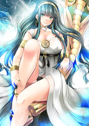  anklet armlet bare_arms bare_legs black_panties bracelet breasts choker cleavage cleopatra_(fate) cleopatra_(third_ascension)_(fate) closed_mouth collarbone commentary_request dress earrings fate/grand_order fate_(series) female green_eyes green_hair hairband hoop_earrings jewelry legs long_dress long_hair maki_(seventh_heaven_maxion) medium_breasts necklace panties photoshop_(medium) ring sitting sleeveless sleeveless_dress smile snake solo thighs throne thumb_ring underwear very_long_hair white_choker white_dress 